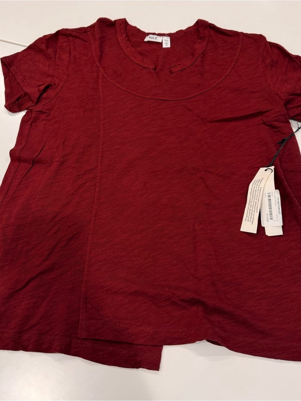NWT - Wilt Short Sleeve Shrunken Slit Neck Tee in Deep Burgundy